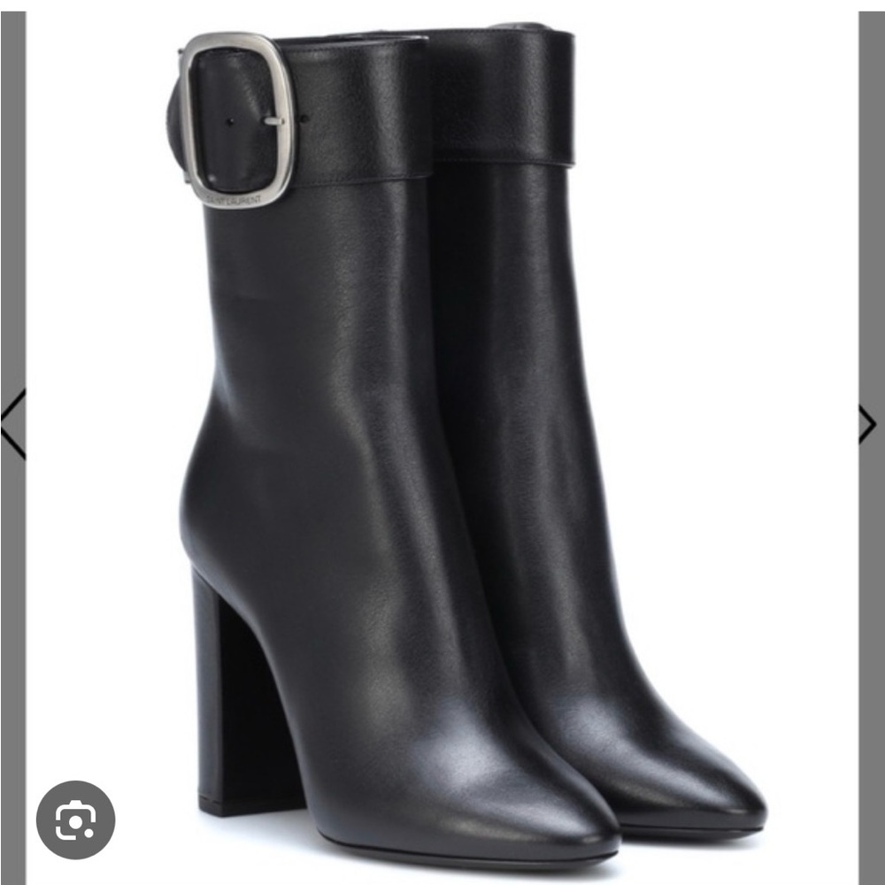 Yves Saint Laurent Black Leather Buckle Cuff High-Heel Ankle Boots